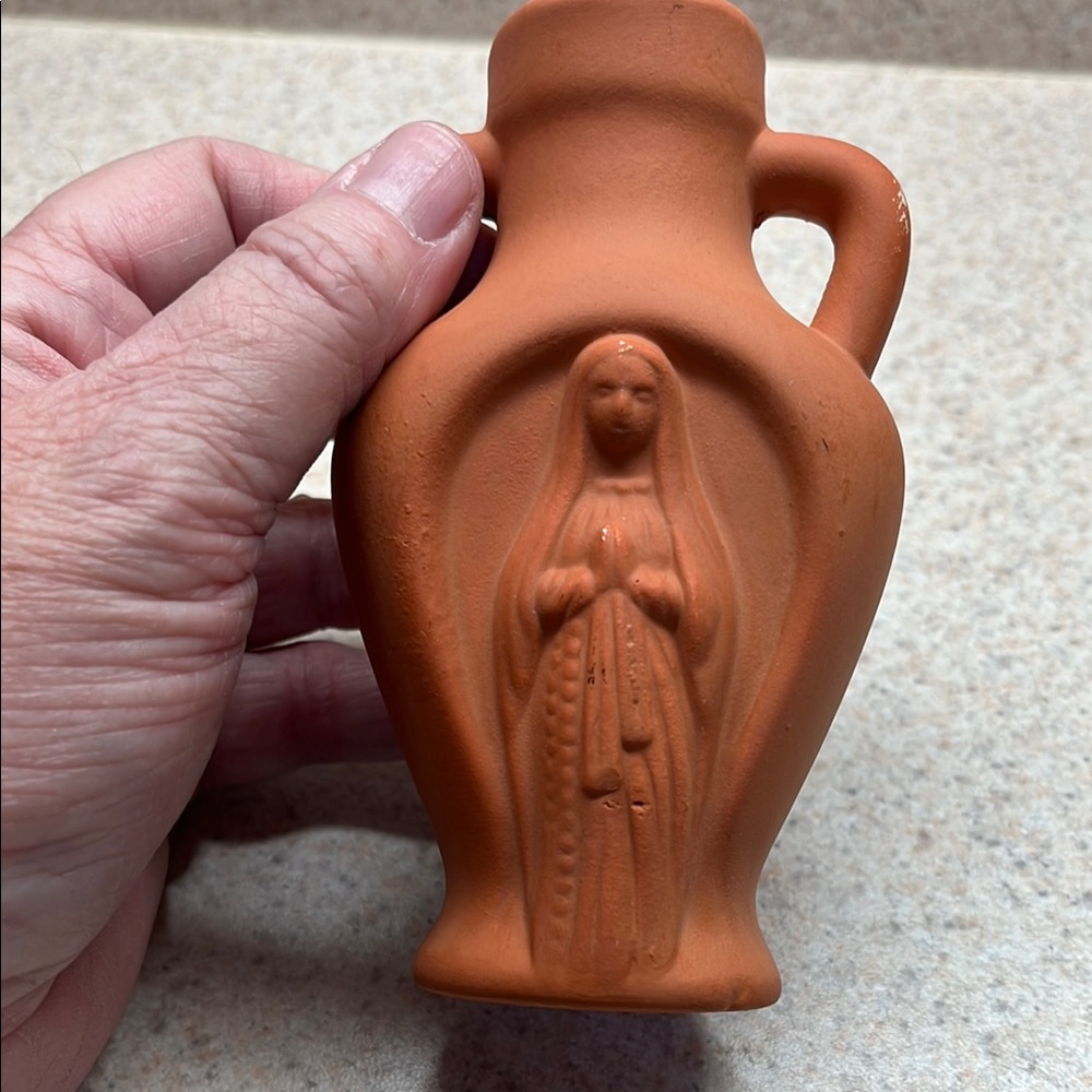 Terracotta Jug depicting The Virgin Mary with Dual Handles for Holy Water. - Picture 2 of 6